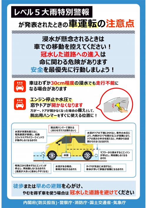レベル5大雨特別警報が発表されたときの車運転の注意点