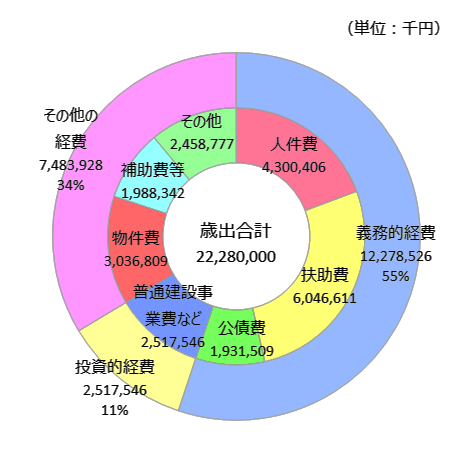 平成30年度の歳出の合計は228億8千万円で、その内訳は、義務的経費が122億7千852万6千円で全体の55％、投資的経費が25億1千754万6千円で全体の11％、その他の経費が74億8千392万8千円で全体の34％です。 義務的経費の内訳は、人件費が43億40万6千円、扶助費が60億4千661万1千円、公債費が19億3千150万9千円です。 投資的経費の内訳は普通建設事業費などが25億1千754万6千円です。 その他の経費は、物件費が30億3千680万9千円、補助費等が19億8千834万2千円、その他が24億5千877万7千円です。