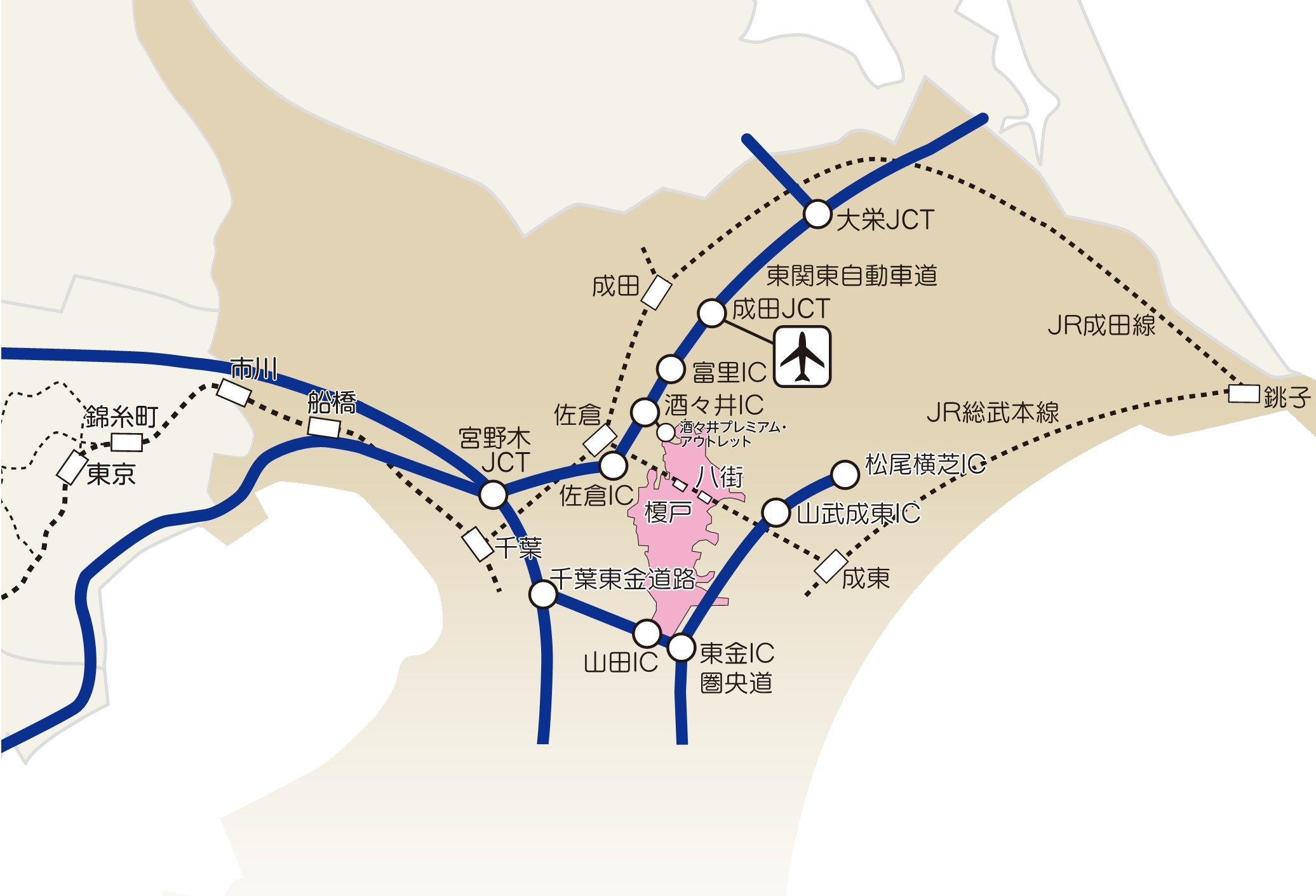 八街市のおおよその位置を示した地図